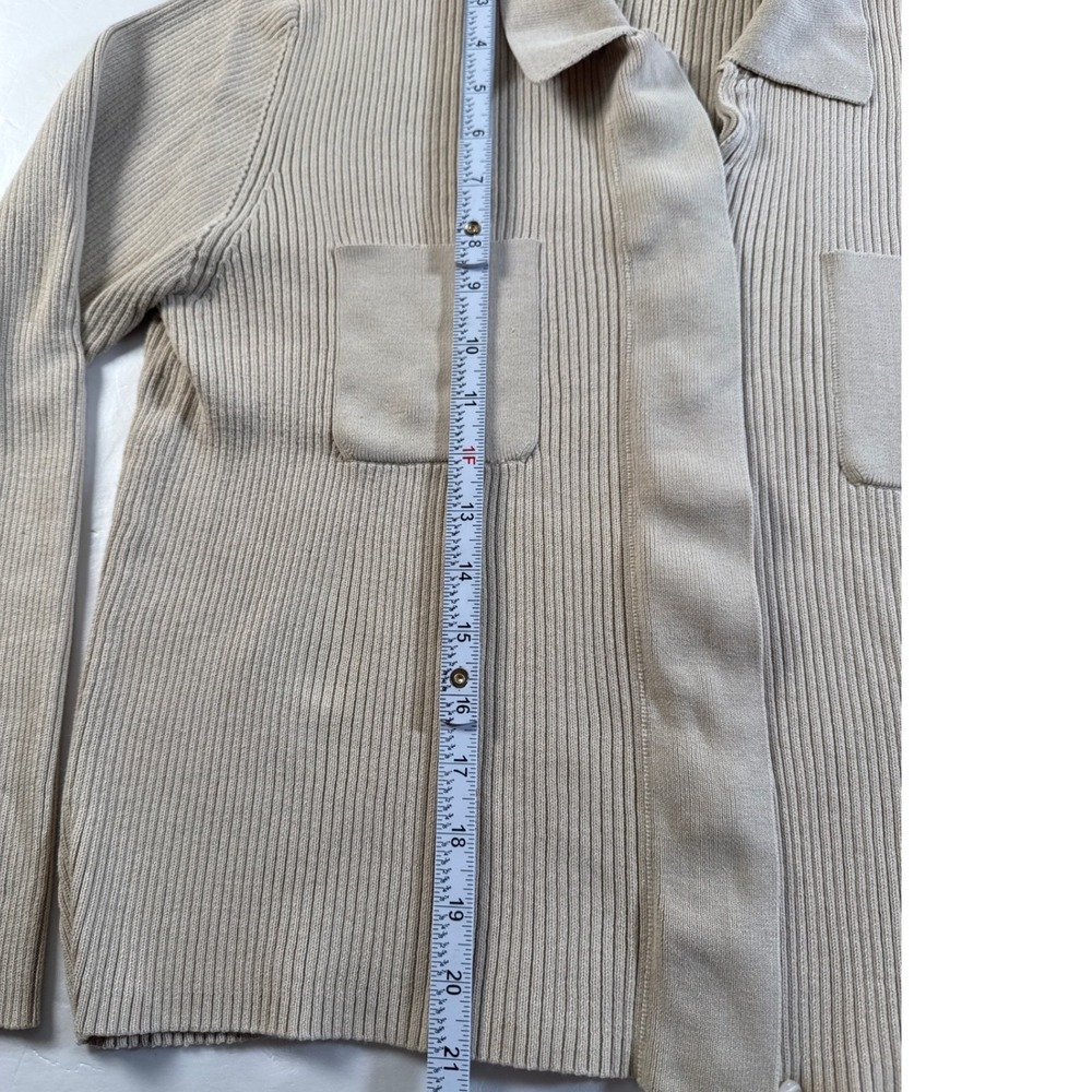 CW Womens Beige‎ Ribbed Knit Cotton Collared Zip Up Sweater Top Pockets Medium - Picture 4 of 7